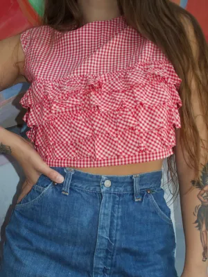 1950s Cropped Gingham Ruffle Blouse