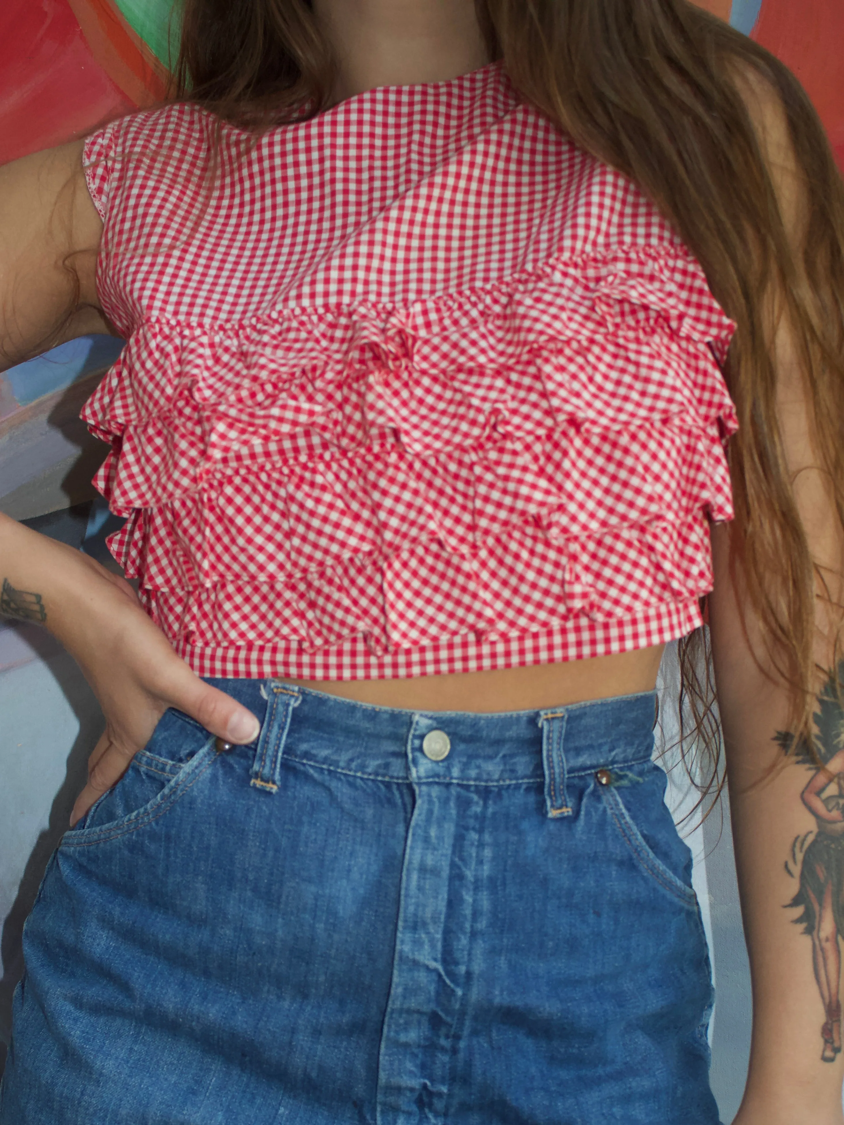 1950s Cropped Gingham Ruffle Blouse