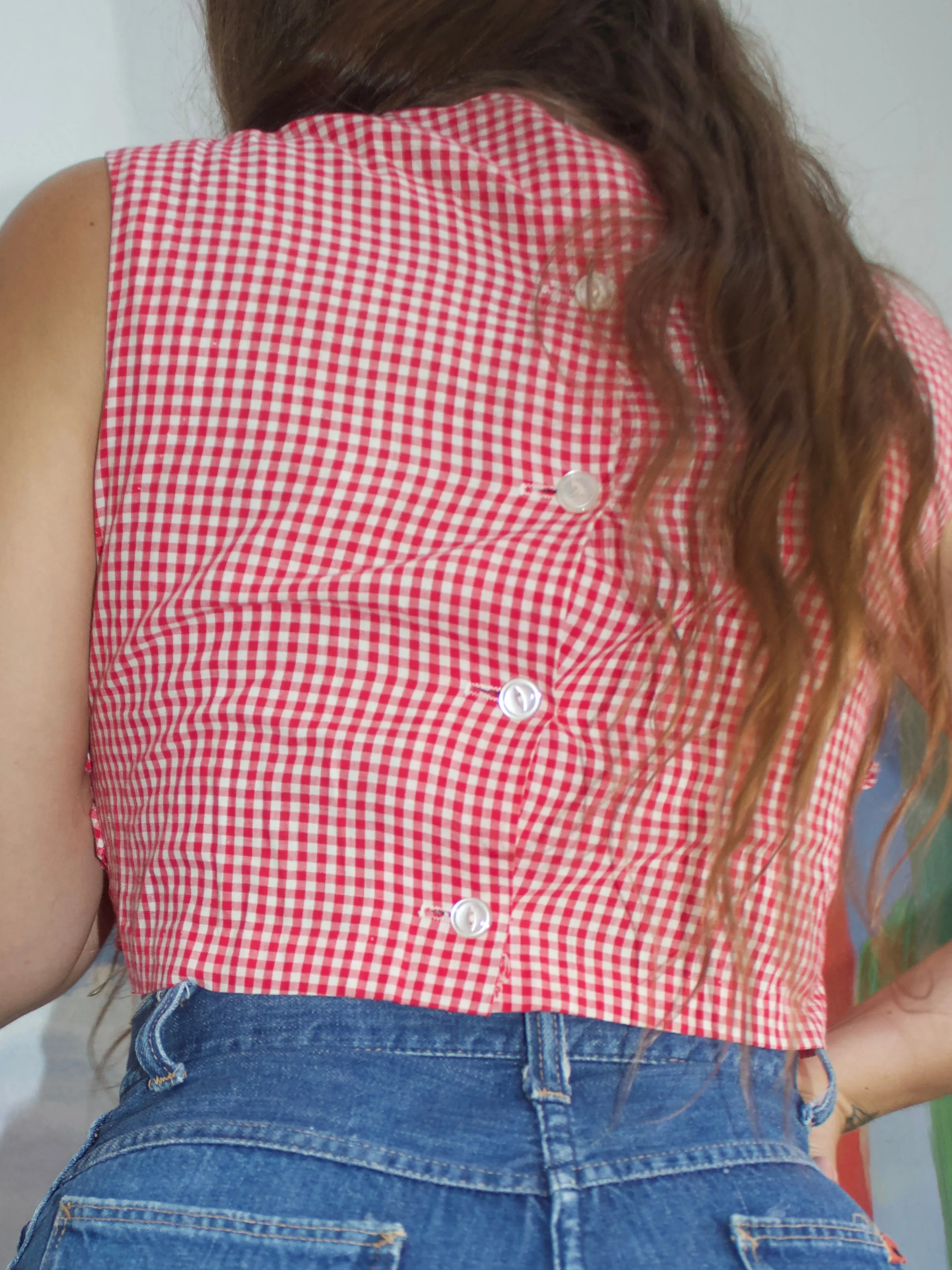 1950s Cropped Gingham Ruffle Blouse