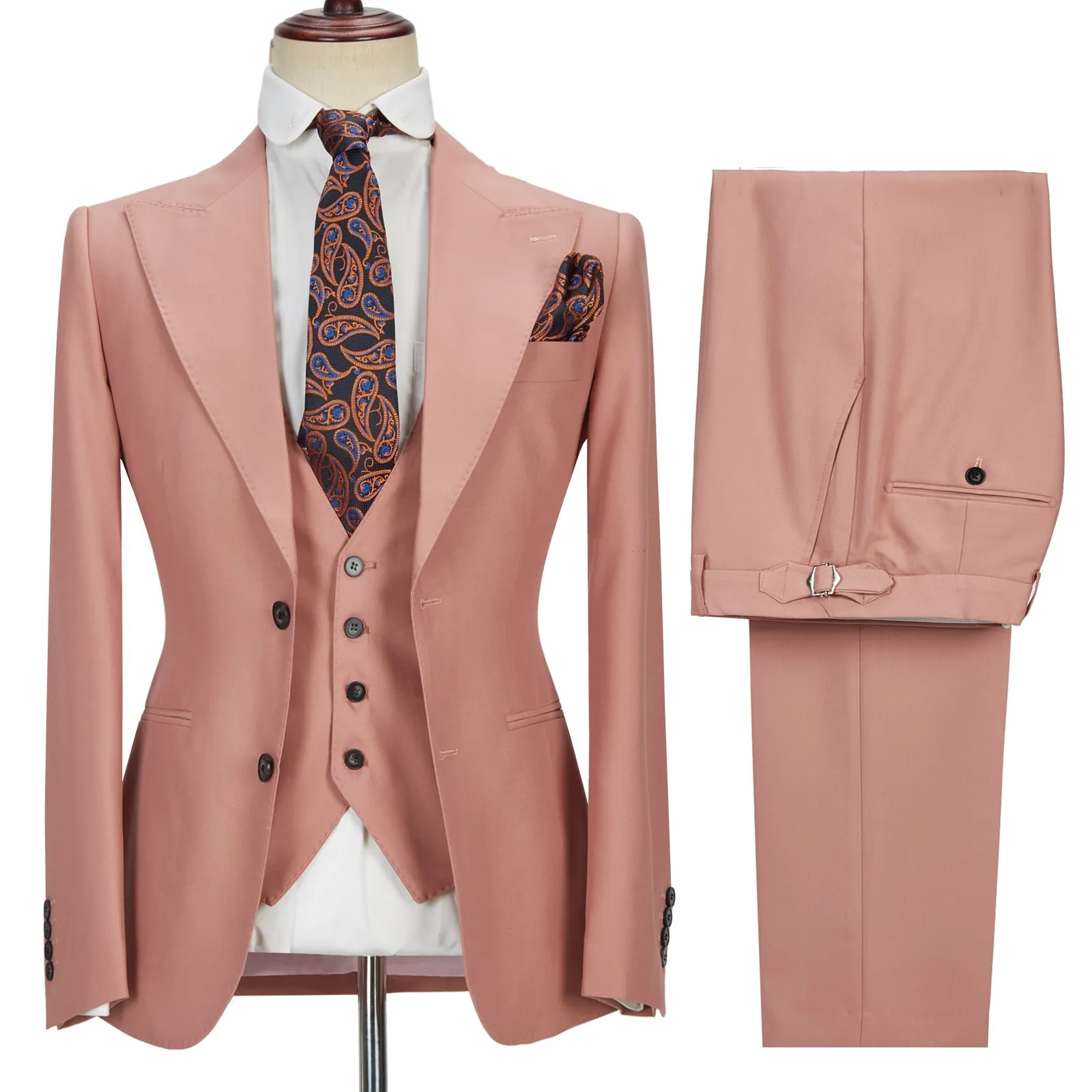 3 Piece Coral Pink Two Buttons Peak Lapel Classic Men's Suit