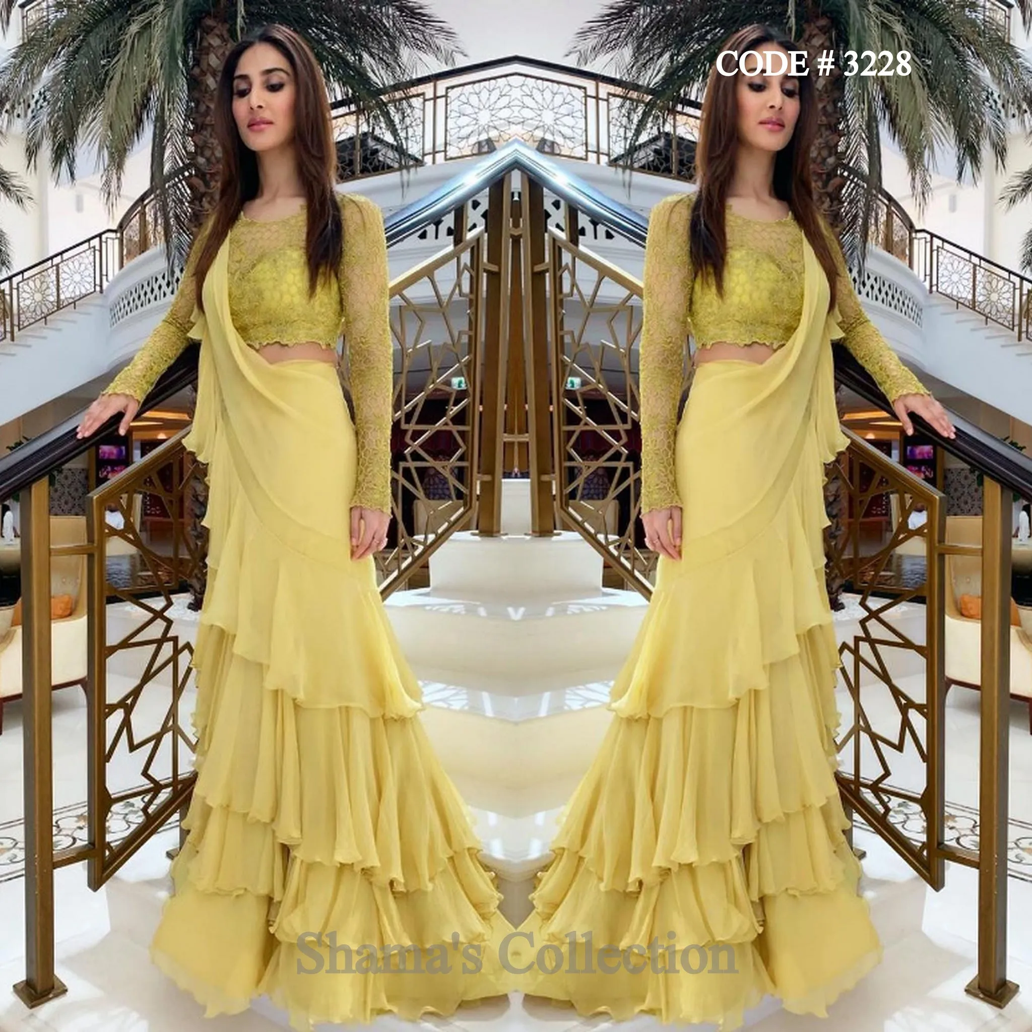 3228 Vani Kapoor's Greenish Yellow Ruffle Saree Gown outfit set