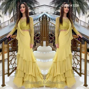 3228 Vani Kapoor's Greenish Yellow Ruffle Saree Gown outfit set