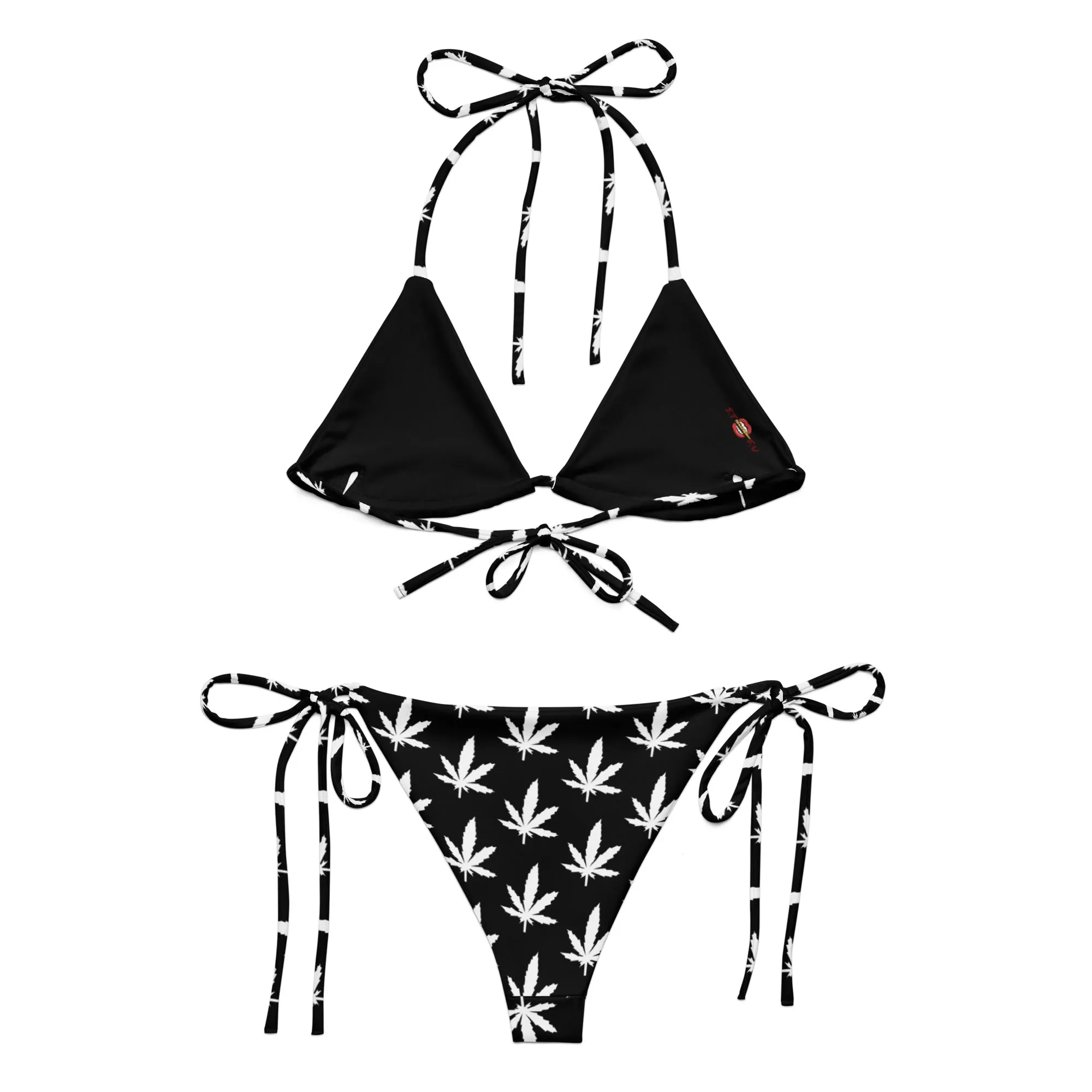 420 Rainbow Leaf Recycled String Bikini - Black
