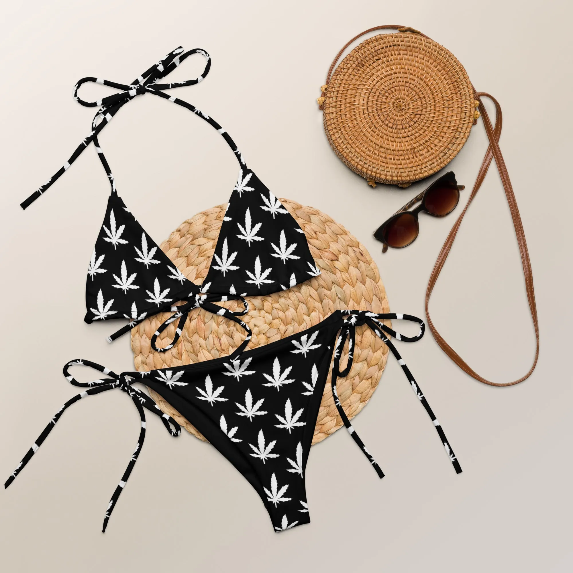 420 Rainbow Leaf Recycled String Bikini - Black