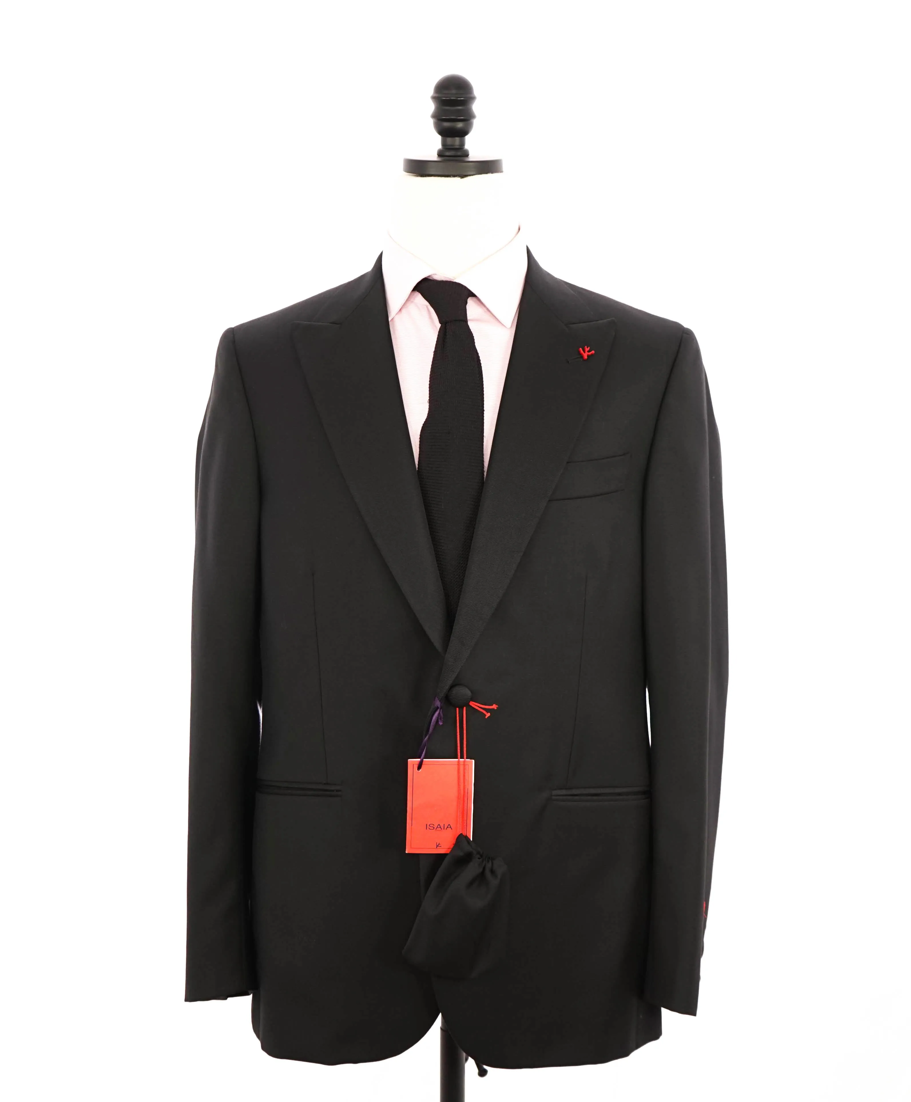 $4,595 ISAIA - "AQUASPIDER" Satin PEAK LAPEL Black Wool Tuxedo - 48R