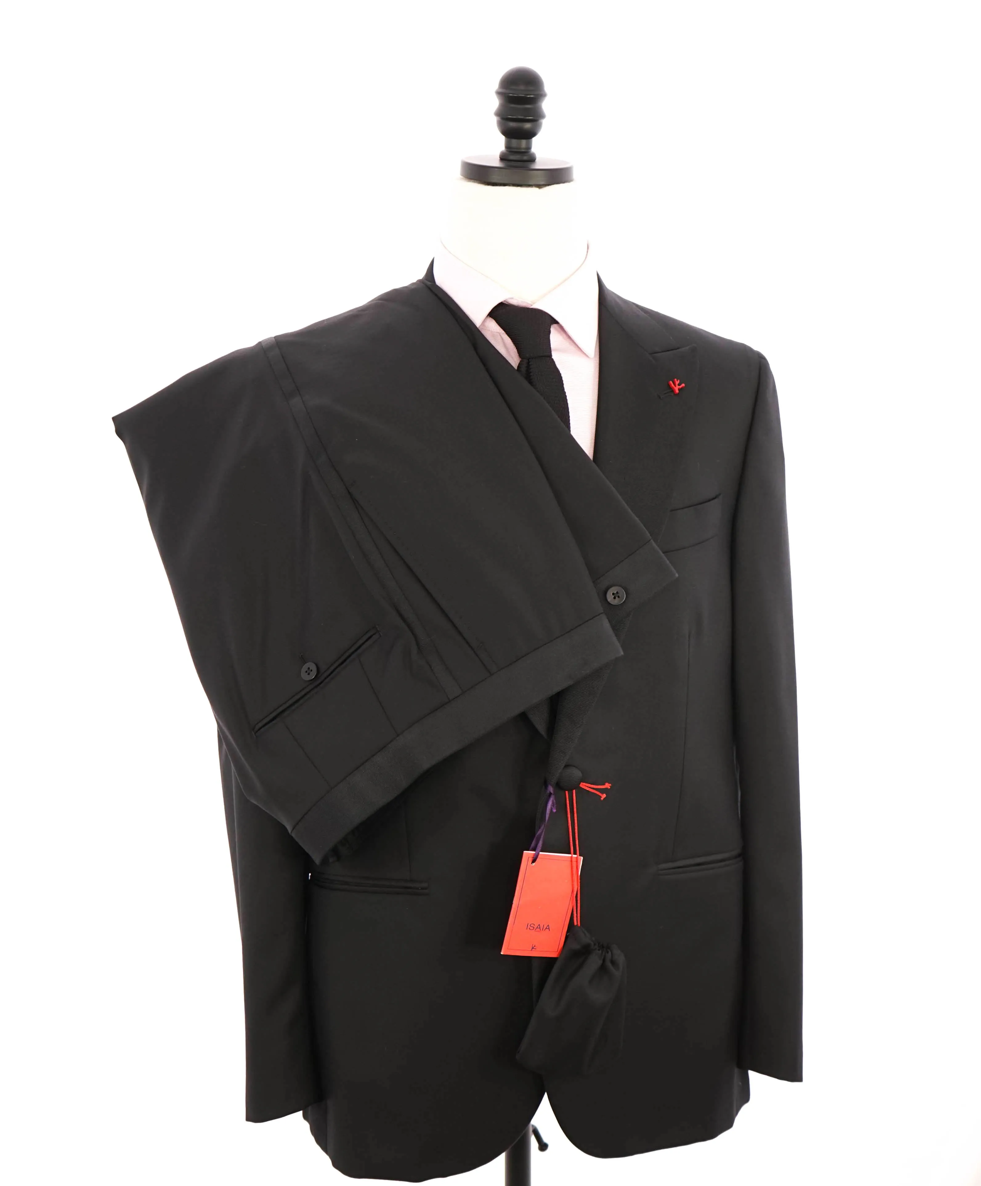 $4,595 ISAIA - "AQUASPIDER" Satin PEAK LAPEL Black Wool Tuxedo - 48R