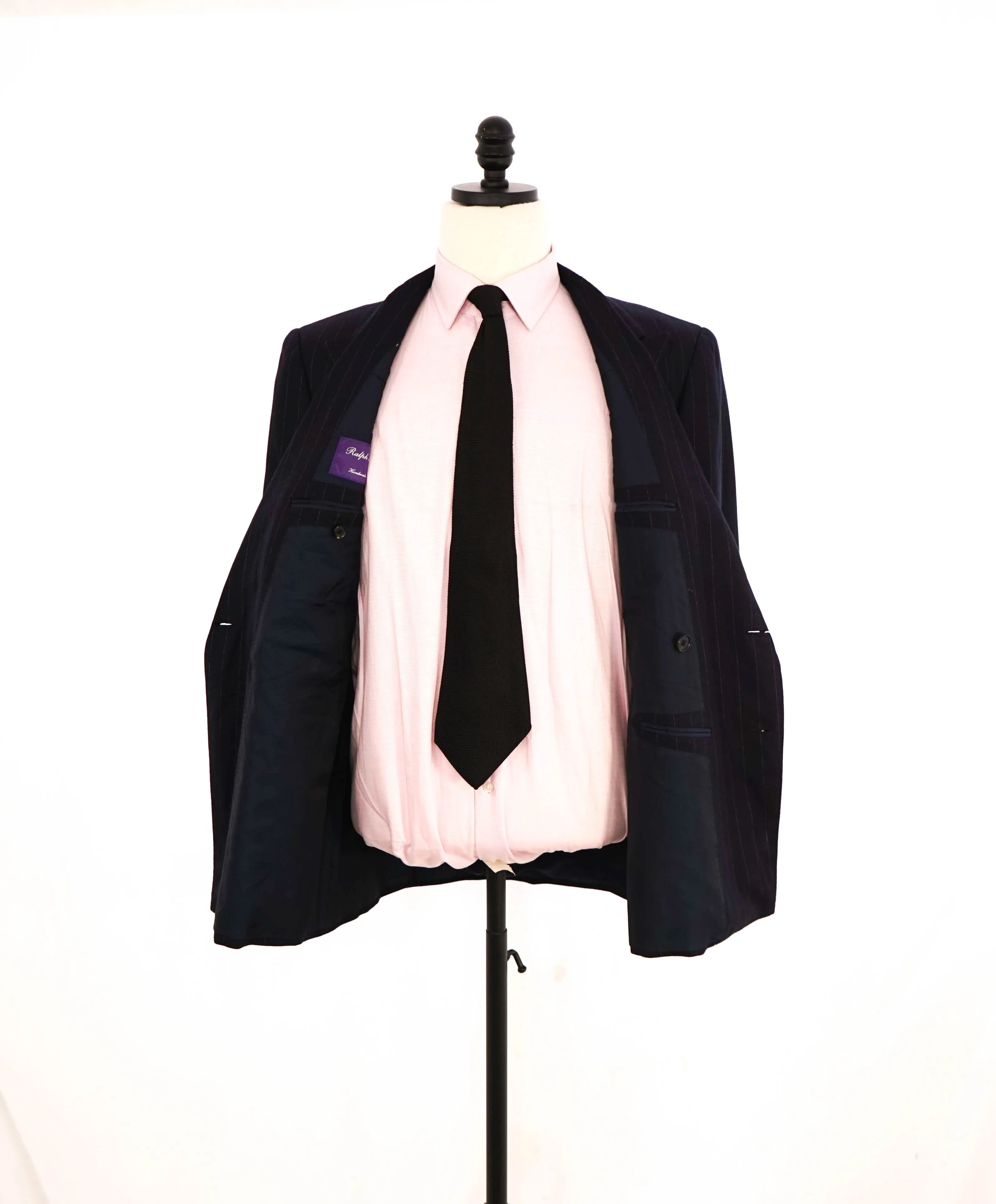 $5,995 RALPH LAUREN PURPLE LABEL - Navy Flannel Stripe Double Breasted Suit - 38R
