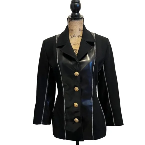 80s Christian Llinares Black &amp; Gold Fax Leather &amp; Wool French Blazer Medium