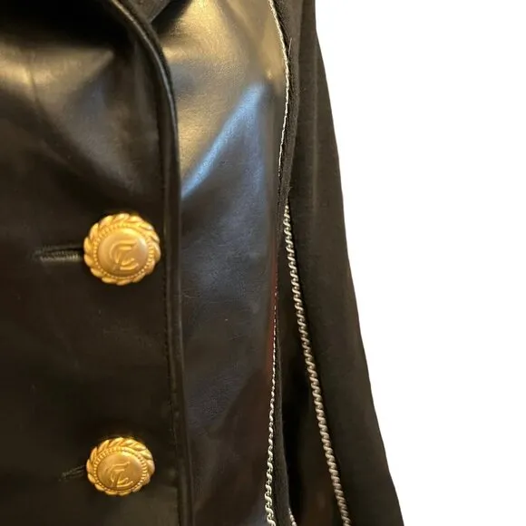 80s Christian Llinares Black &amp; Gold Fax Leather &amp; Wool French Blazer Medium