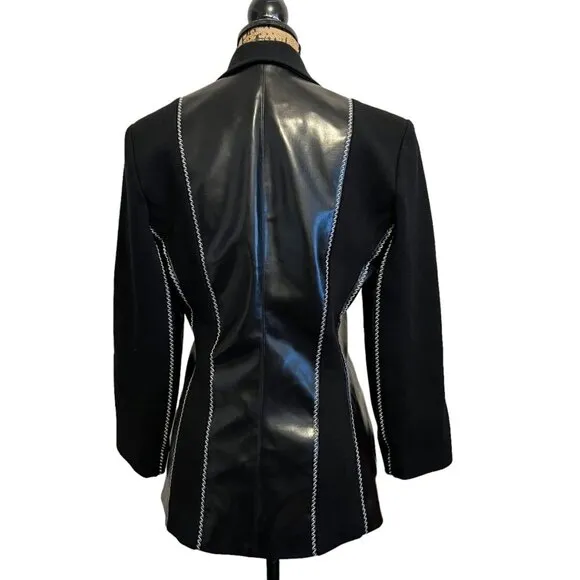 80s Christian Llinares Black &amp; Gold Fax Leather &amp; Wool French Blazer Medium
