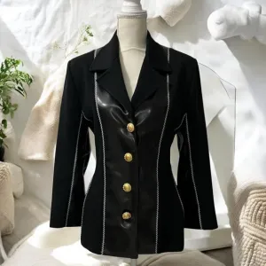 80s Christian Llinares Black &amp; Gold Fax Leather &amp; Wool French Blazer Medium