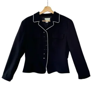 90s Vintage Ann Taylor Navy Blue w/ White Pipping Button Front Peplum Blazer