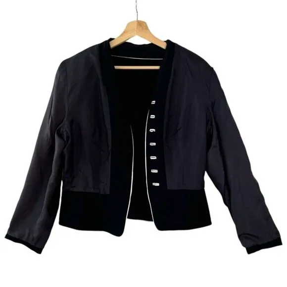 90s Vintage Ann Taylor Navy Blue w/ White Pipping Button Front Peplum Blazer