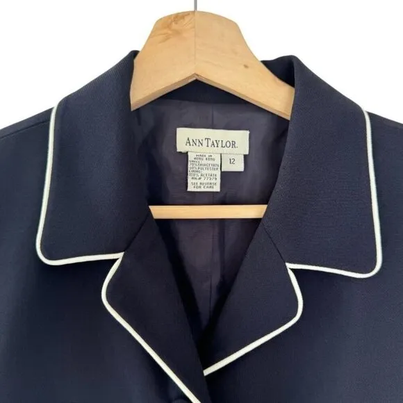 90s Vintage Ann Taylor Navy Blue w/ White Pipping Button Front Peplum Blazer