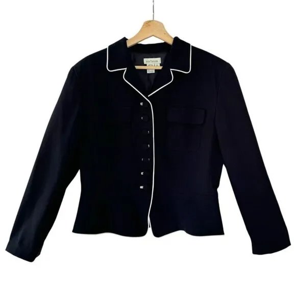 90s Vintage Ann Taylor Navy Blue w/ White Pipping Button Front Peplum Blazer