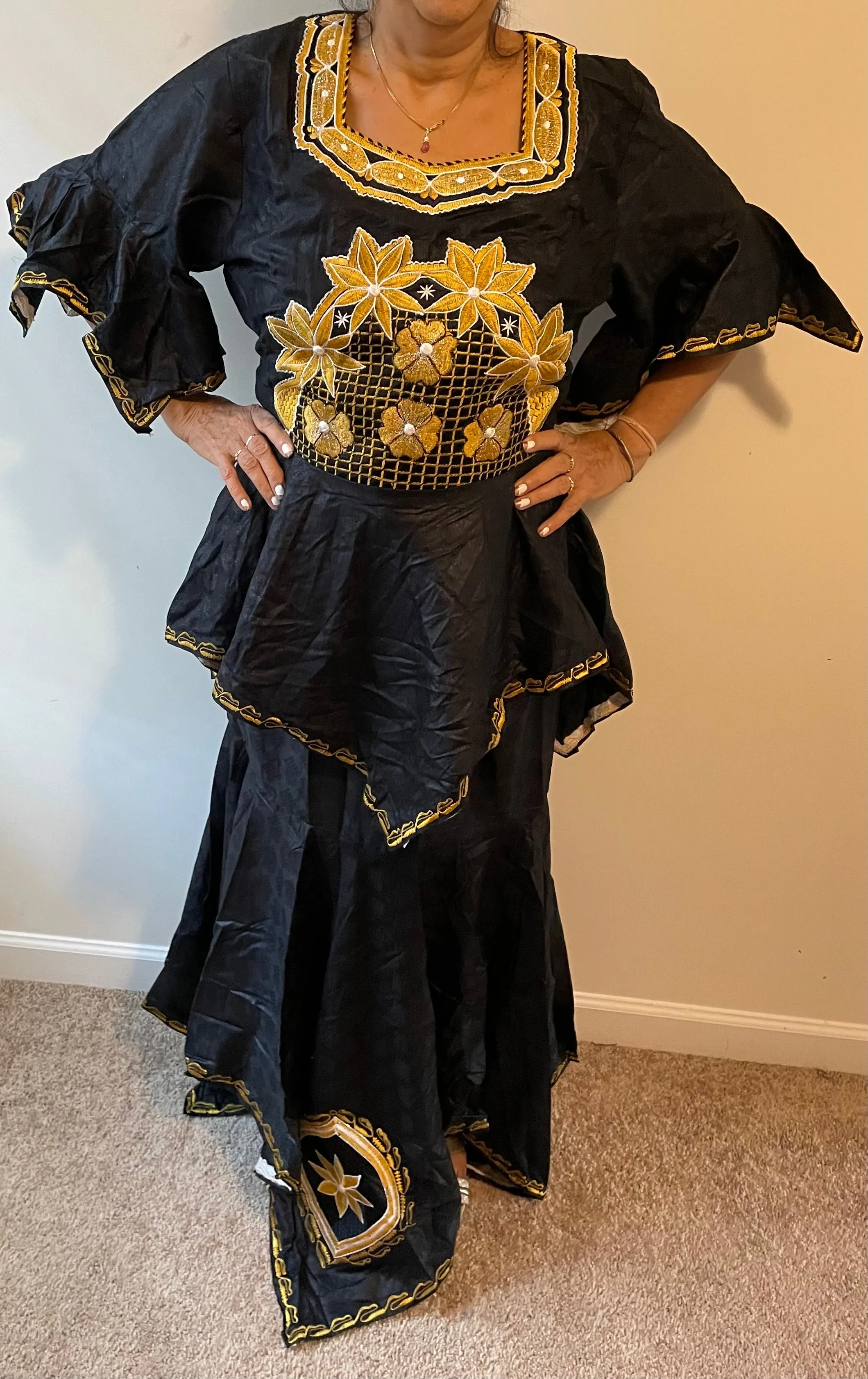 African Skirt Set made in Ghana in Black Color has beautiful Gold embroidery!