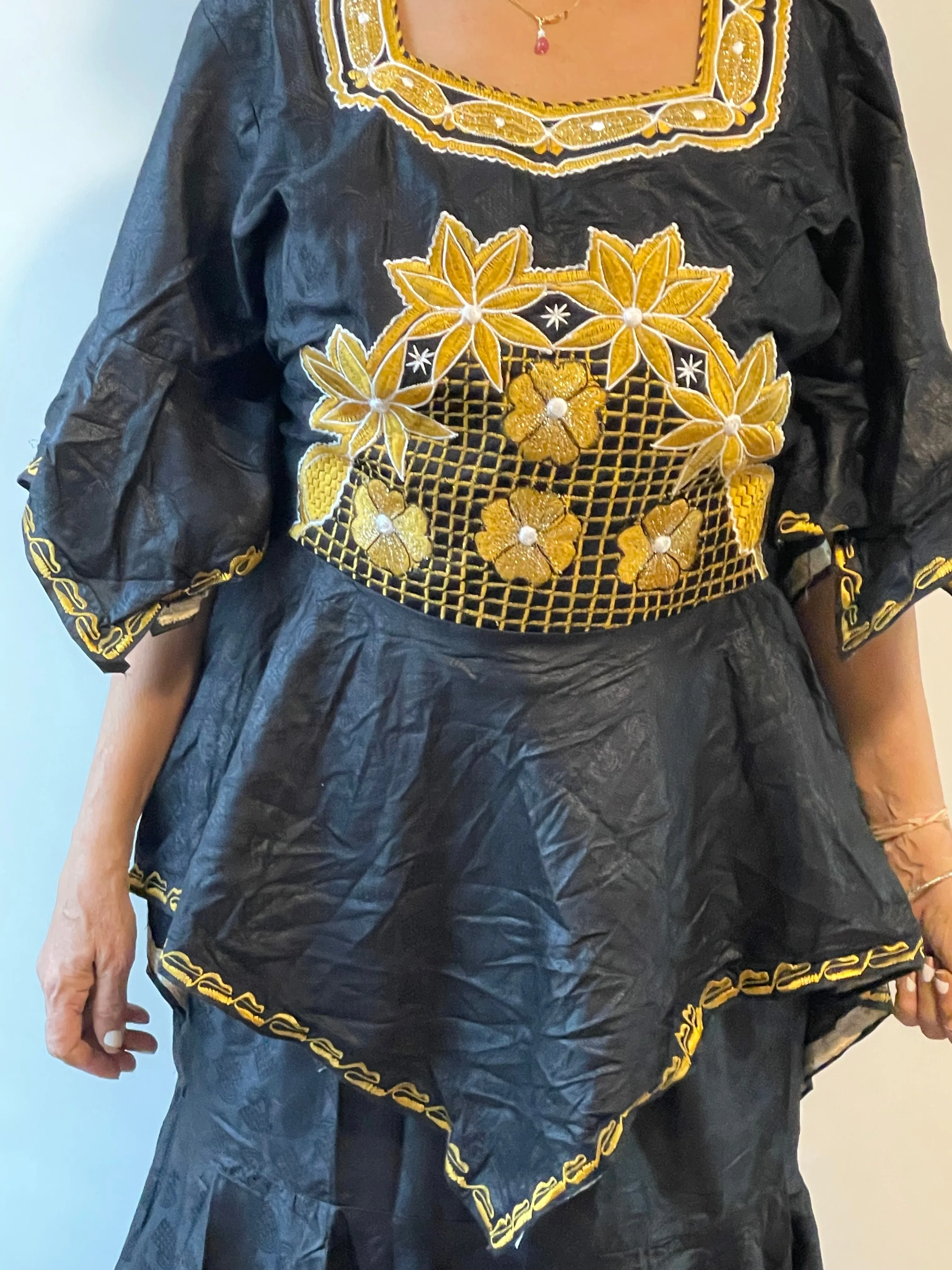 African Skirt Set made in Ghana in Black Color has beautiful Gold embroidery!