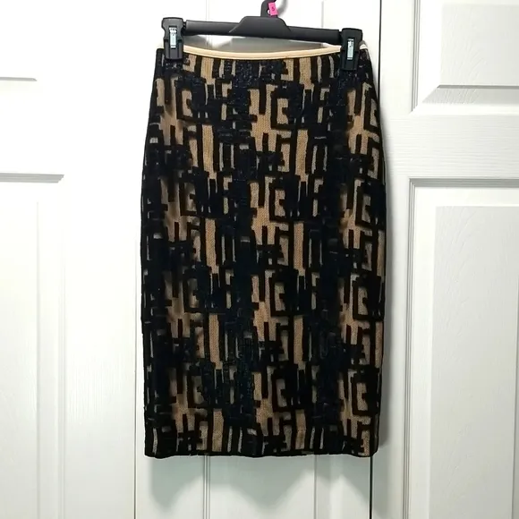 Alberto Makali Black and Tan Midi Pencil Skirt for Cocktail Size 2
