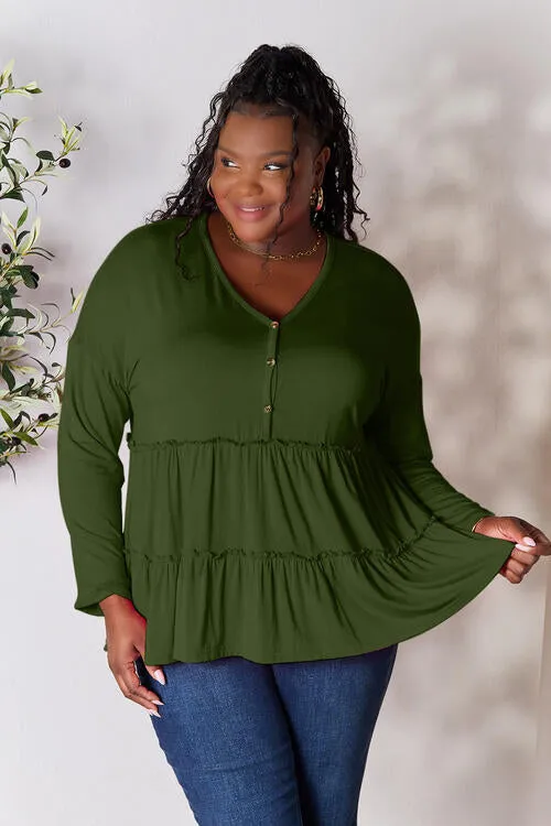 Ali Half Button Long Sleeve Ruffle Hem Blouse
