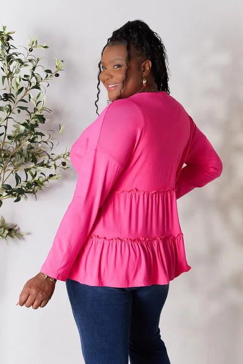 Ali Half Button Long Sleeve Ruffle Hem Blouse