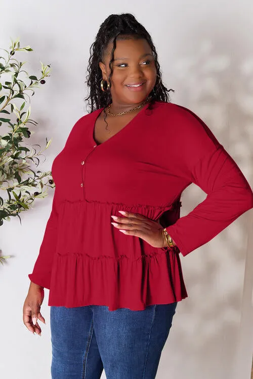 Ali Half Button Long Sleeve Ruffle Hem Blouse