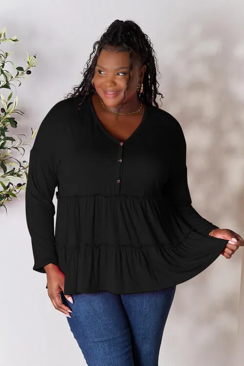 Ali Half Button Long Sleeve Ruffle Hem Blouse