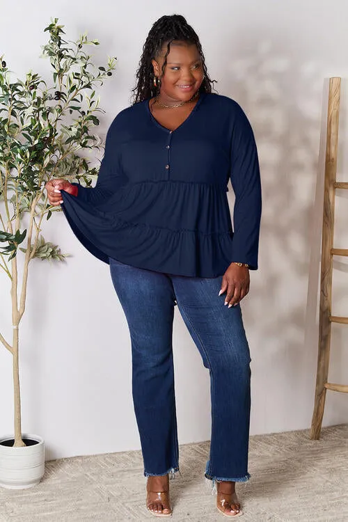 Ali Half Button Long Sleeve Ruffle Hem Blouse