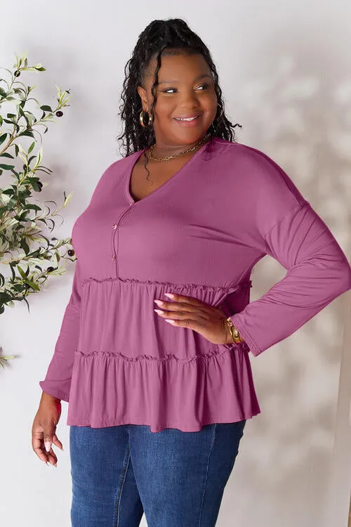 Ali Half Button Long Sleeve Ruffle Hem Blouse