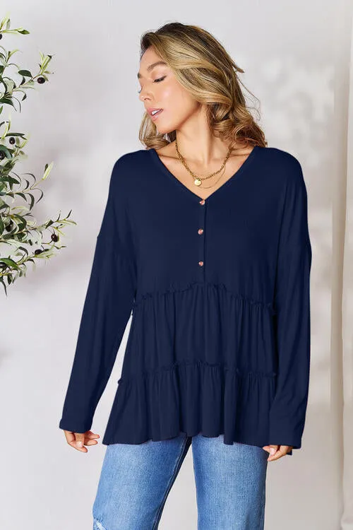 Ali Half Button Long Sleeve Ruffle Hem Blouse