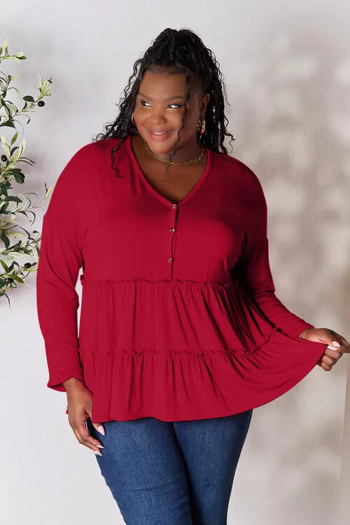 Ali Half Button Long Sleeve Ruffle Hem Blouse
