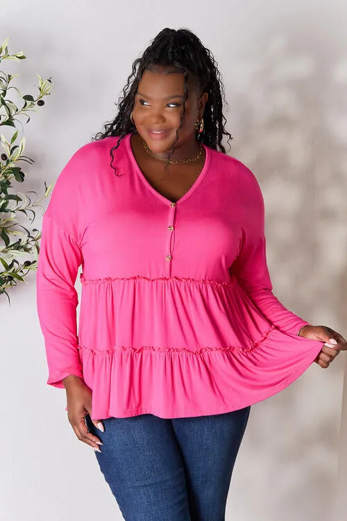 Ali Half Button Long Sleeve Ruffle Hem Blouse