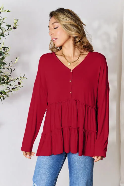 Ali Half Button Long Sleeve Ruffle Hem Blouse