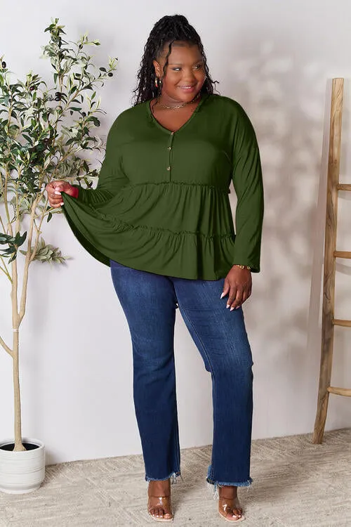 Ali Half Button Long Sleeve Ruffle Hem Blouse