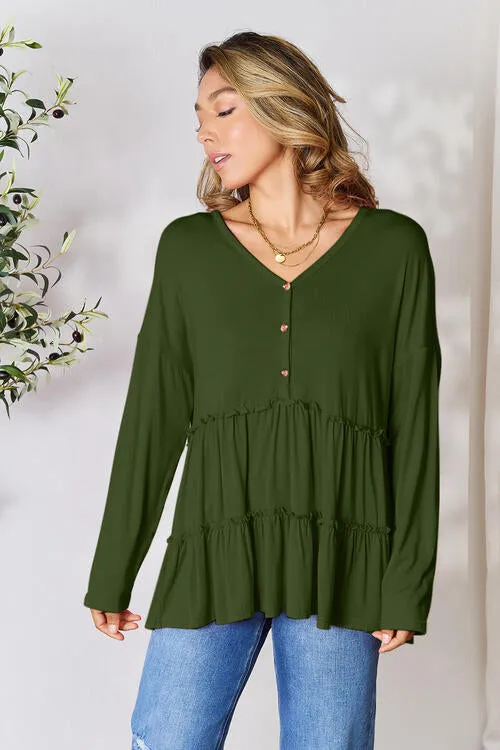 Ali Half Button Long Sleeve Ruffle Hem Blouse
