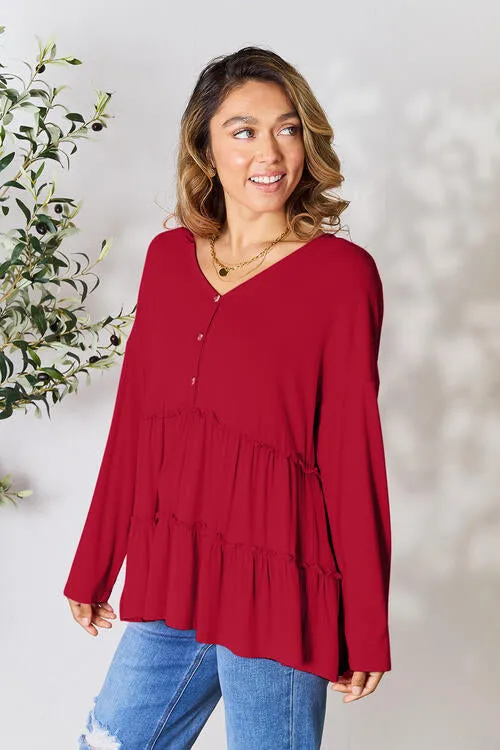 Ali Half Button Long Sleeve Ruffle Hem Blouse