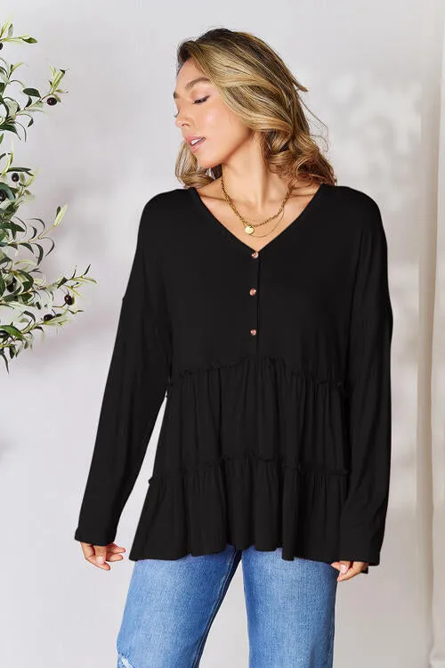 Ali Half Button Long Sleeve Ruffle Hem Blouse