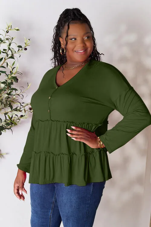 Ali Half Button Long Sleeve Ruffle Hem Blouse