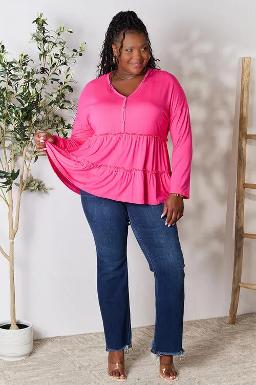 Ali Half Button Long Sleeve Ruffle Hem Blouse