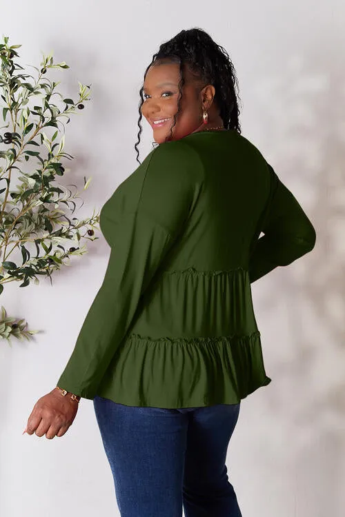 Ali Half Button Long Sleeve Ruffle Hem Blouse