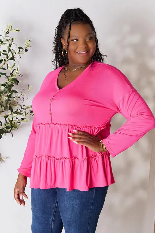 Ali Half Button Long Sleeve Ruffle Hem Blouse