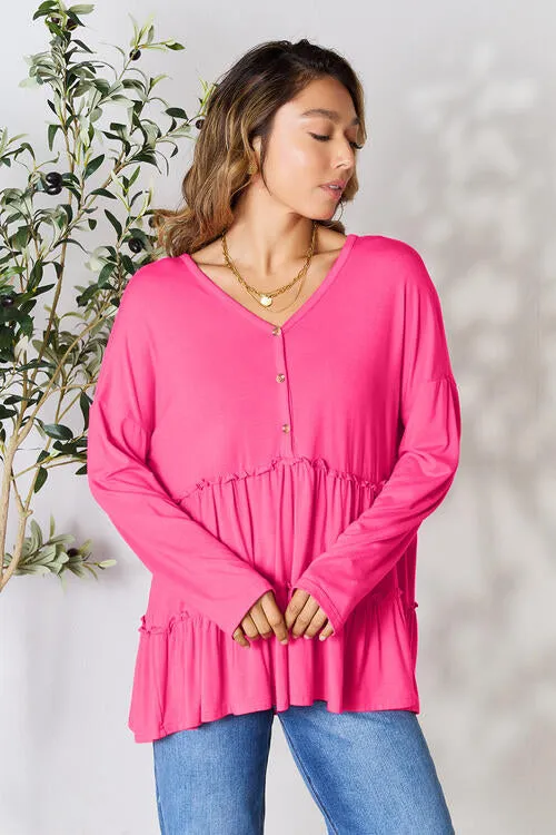Ali Half Button Long Sleeve Ruffle Hem Blouse