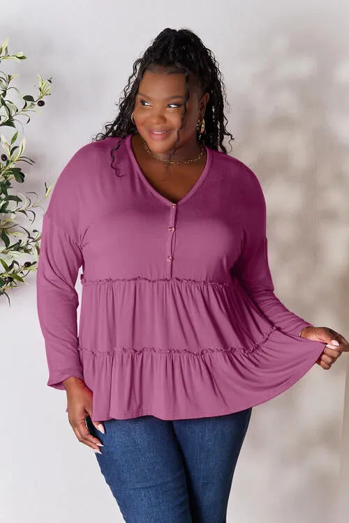 Ali Half Button Long Sleeve Ruffle Hem Blouse