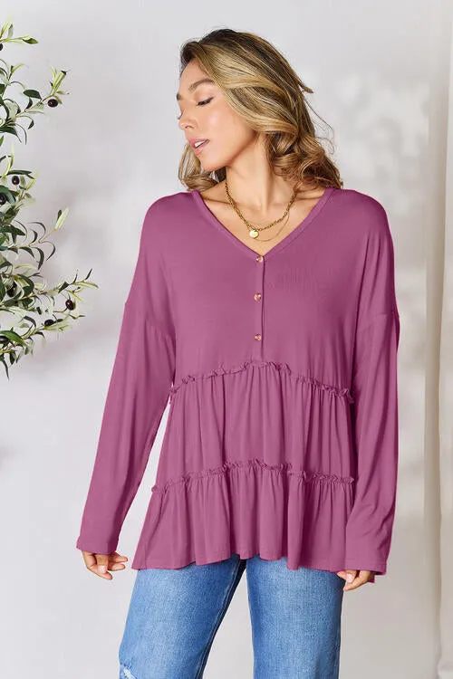Ali Half Button Long Sleeve Ruffle Hem Blouse