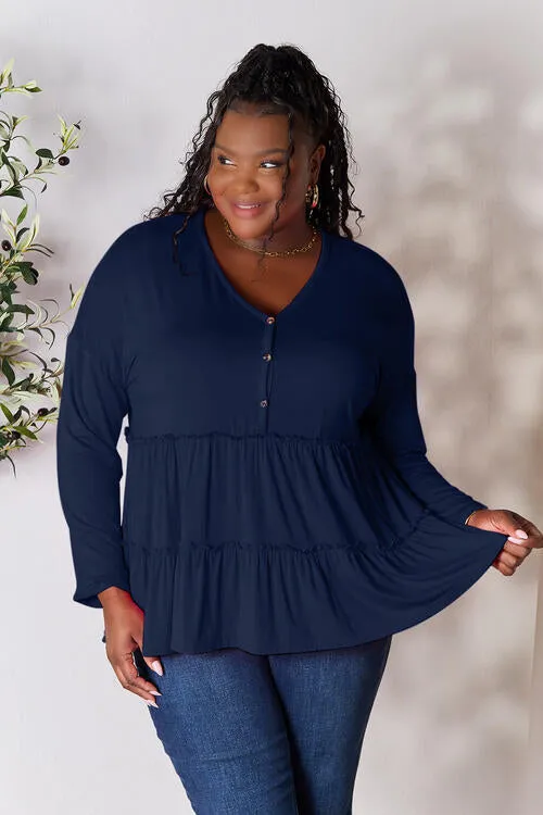 Ali Half Button Long Sleeve Ruffle Hem Blouse