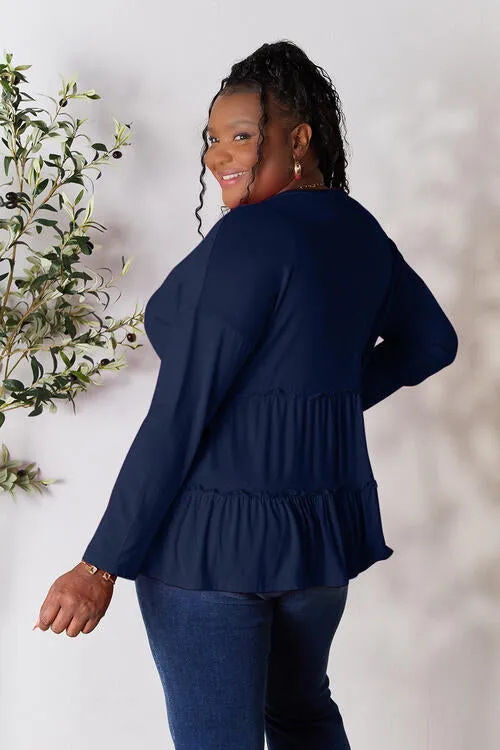 Ali Half Button Long Sleeve Ruffle Hem Blouse