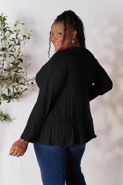 Ali Half Button Long Sleeve Ruffle Hem Blouse