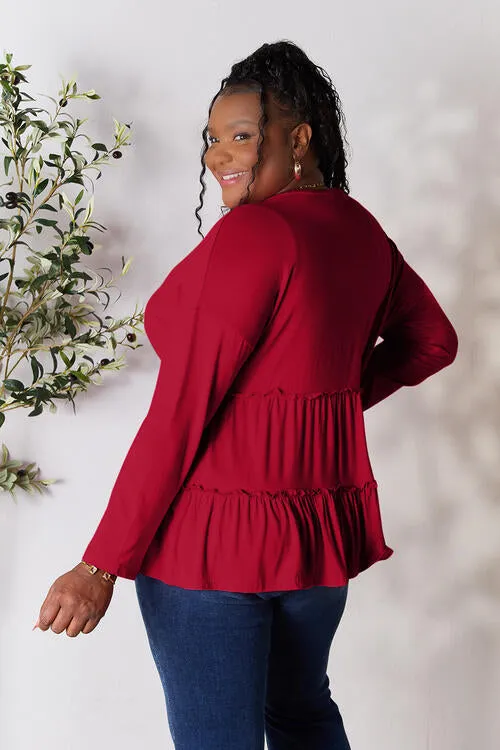 Ali Half Button Long Sleeve Ruffle Hem Blouse