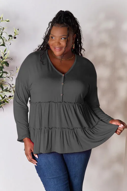 Ali Half Button Long Sleeve Ruffle Hem Blouse