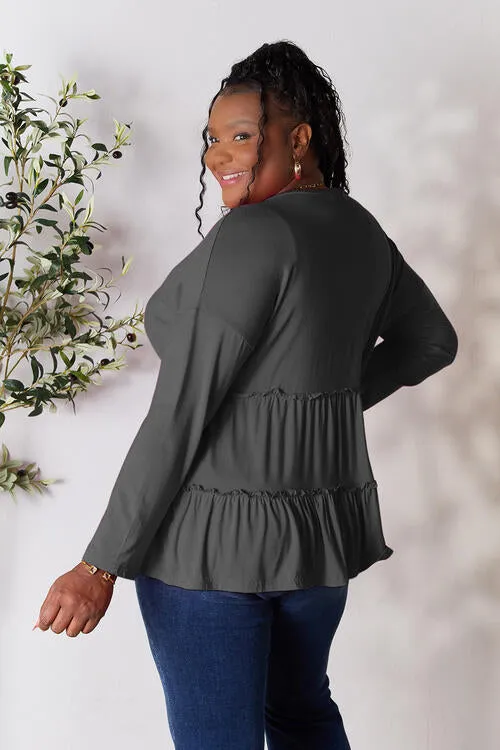 Ali Half Button Long Sleeve Ruffle Hem Blouse