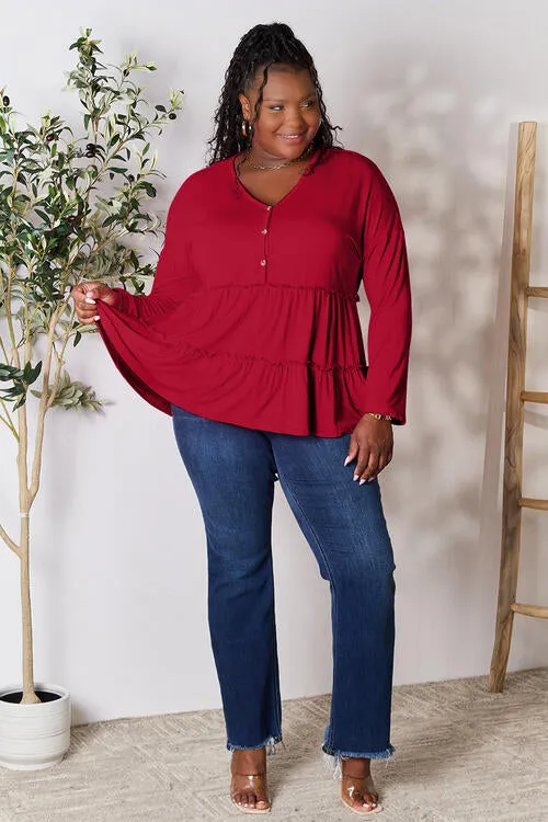Ali Half Button Long Sleeve Ruffle Hem Blouse